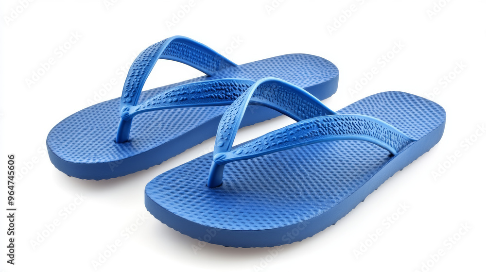 A pair of blue flip-flops on a white background. A pair of blue flip-flops on a white background.