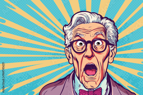 Amazed grandfather. Old, gray-haired man looking with surprising. Unbelievable news, big sale concept in pop art retro comic style