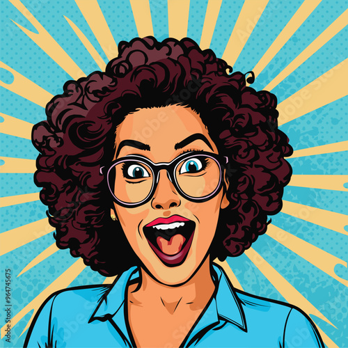 Shocked, surprised african american young girl. Unbelievable news, big sale concept in pop art retro comic style