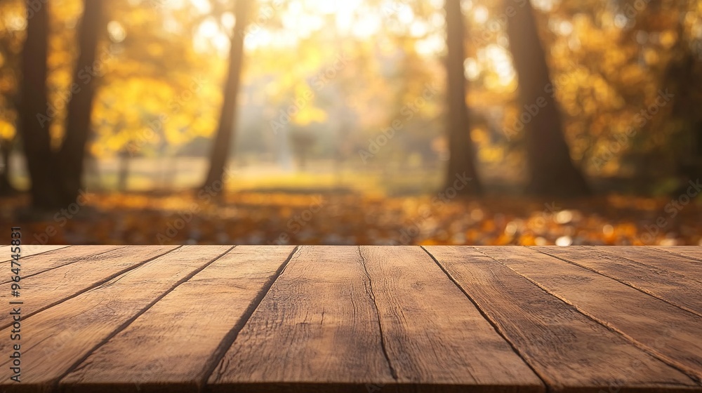 A plain wooden table with a blurry autumn scene behind it, perfect for showcasing your products. A plain wooden table with a blurry autumn scene behind it, perfect for showcasing your products.