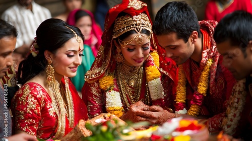 Traditional Nepalese Wedding Ceremony: A traditional wedding ceremony in Nepal, with the bride and groom in elaborate red and gold attire, surrounded by family and friends. 