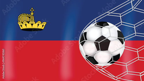 Soccer Football ball in Goal Net Isolated on Liechtenstein Flag, Sports Accessory Equipment