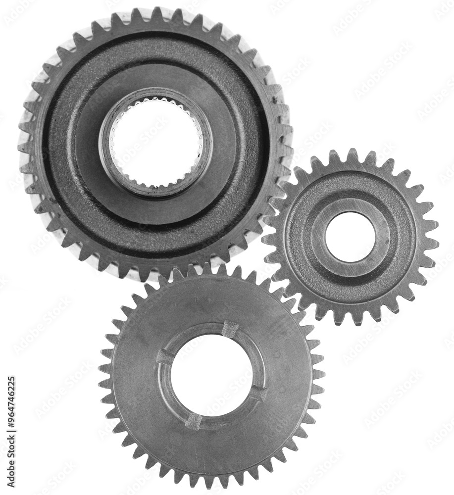 Three metal gears together on white background Three metal gears together on white background