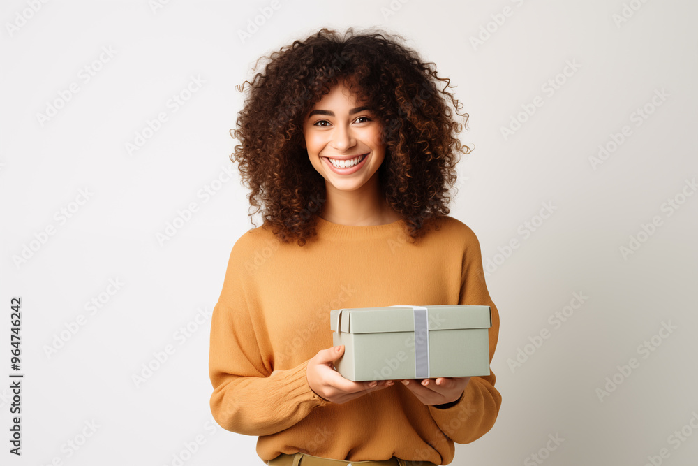 Young pretty brunette girl over isolated white background holding a gift Young pretty brunette girl over isolated white background holding a gift