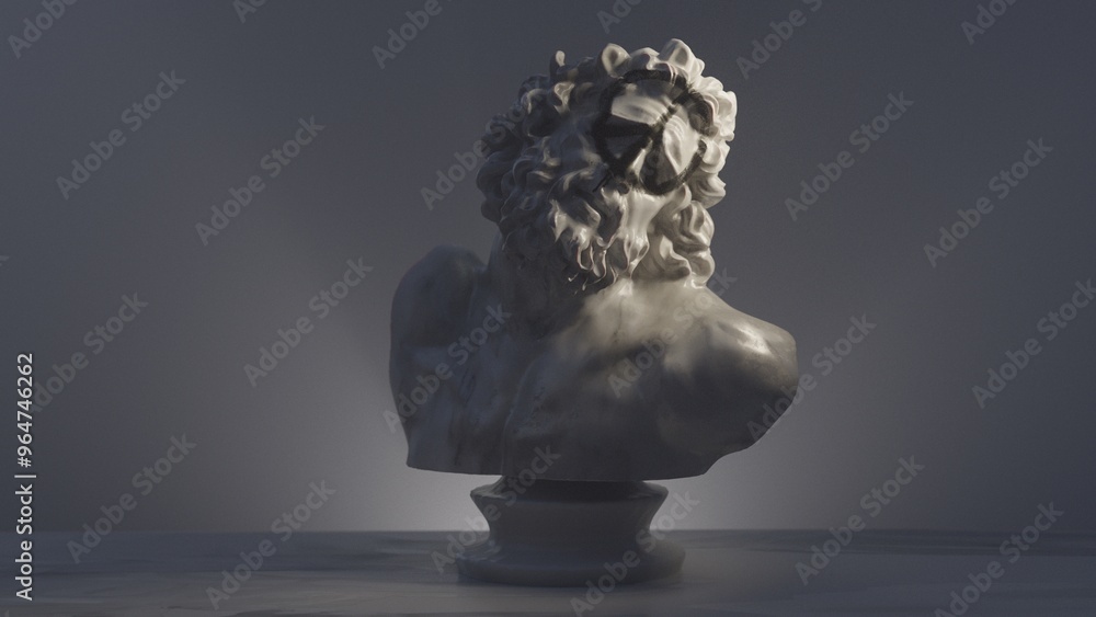 Marble head of Laocoon with graffiti in the form of a pacifist sign on his face, ancient Greek sculpture, 3d render Marble head of Laocoon with graffiti in the form of a pacifist sign on his face, ancient Greek sculpture, 3d render