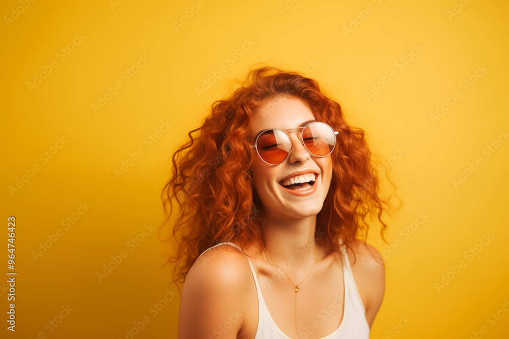 Young pretty Redhead girl over colorful background with sunglasses Young pretty Redhead girl over colorful background with sunglasses