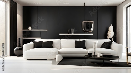 A sleek and elegant style permeates a minimalist black and white living space, making it ideal for use as wallpaper or an abstract backdrop for best-selling items. 