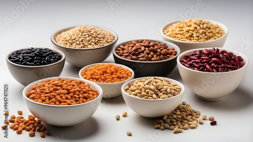 A selection of uncooked grains and pulses presented in petite bowls on a white backdrop, perfect for an abstract wallpaper that would go viral. 