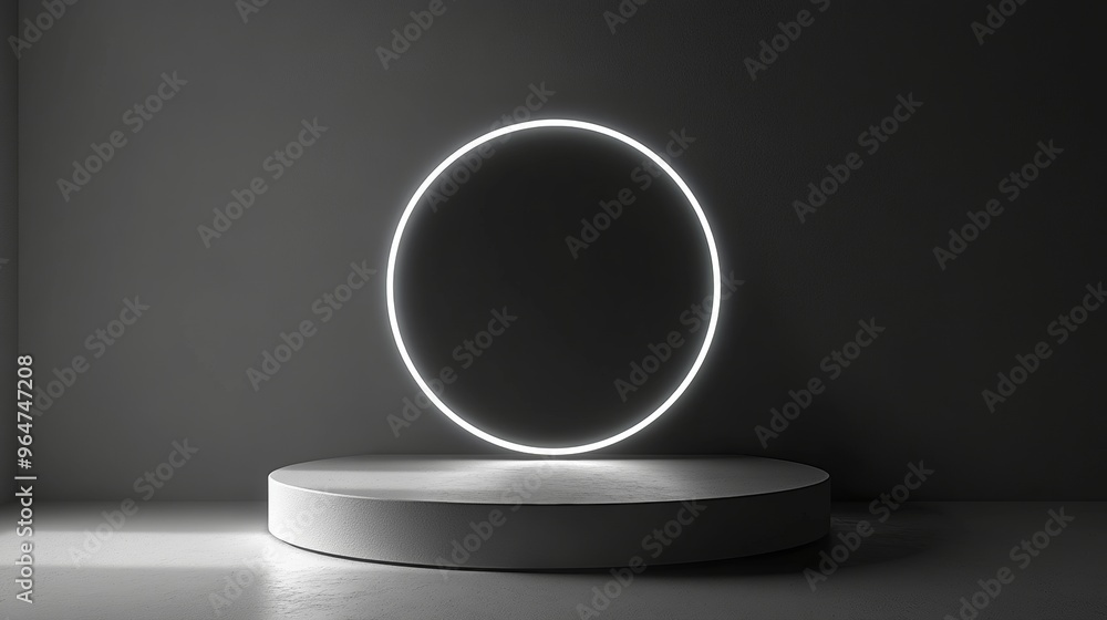 A large, glowing circle sits on a pedestal in a dark room A large, glowing circle sits on a pedestal in a dark room