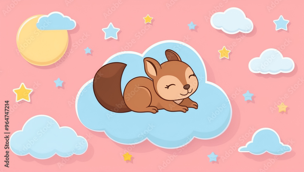 Little cartoon squirrel sleeping on a cloud, flat design illustration Little cartoon squirrel sleeping on a cloud, flat design illustration