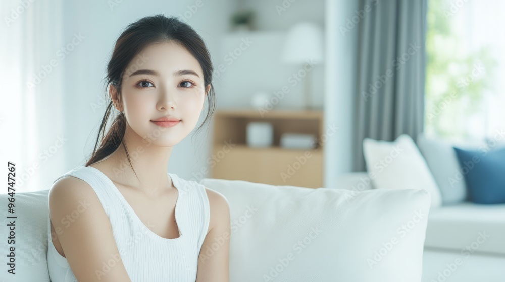 Pretty young Asian woman dressed in white sitting on a couch and looking into camera in modern style living room Pretty young Asian woman dressed in white sitting on a couch and looking into camera in modern style living room