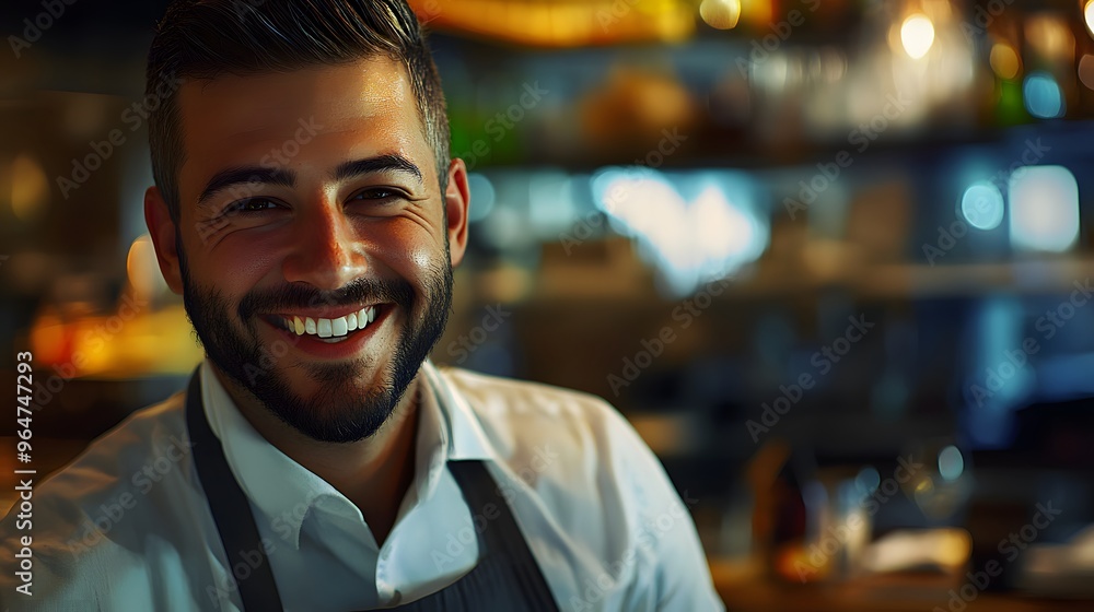 Waiter's Face with a Smile: Portrait of a waiter's face, smiling and welcoming, with a restaurant environment in the background.
Waiter's Face with a Smile: Portrait of a waiter's face, smiling and welcoming, with a restaurant environment in the background.