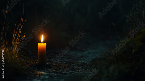 A single candle flickering in the darkness.