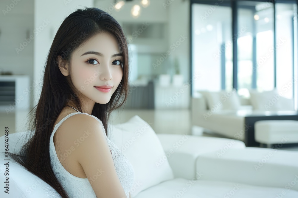 Pretty young Asian woman dressed in white sitting on a couch and looking into camera in modern style living room Pretty young Asian woman dressed in white sitting on a couch and looking into camera in modern style living room
