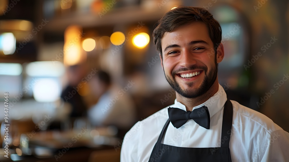 Waiter's Face with a Smile: Portrait of a waiter's face, smiling and welcoming, with a restaurant environment in the background.
Waiter's Face with a Smile: Portrait of a waiter's face, smiling and welcoming, with a restaurant environment in the background.
