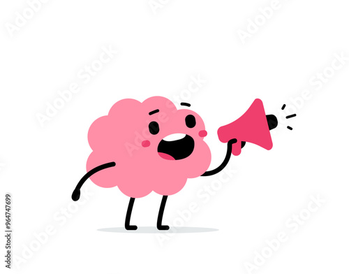 Vector cartoon illustration of smile brain communication with red loudspeaker on white color background. Flat doodle style design of cute happy brain character announcement megaphone