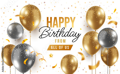 Vector holiday realistic template design of shine golden and silver air helium balloon on white background with confetti. 3d happy birthday illustration with flying balloon and text