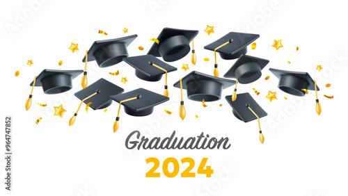 Vector illustration of fly graduate cap and star on white background. Caps thrown up pattern with confetti. 3d style design of congratulation graduates 2024 class with graduation hat and word