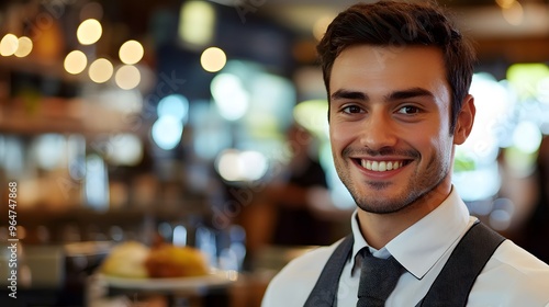 Waiter's Face with a Smile: Portrait of a waiter's face, smiling and welcoming, with a restaurant environment in the background. 