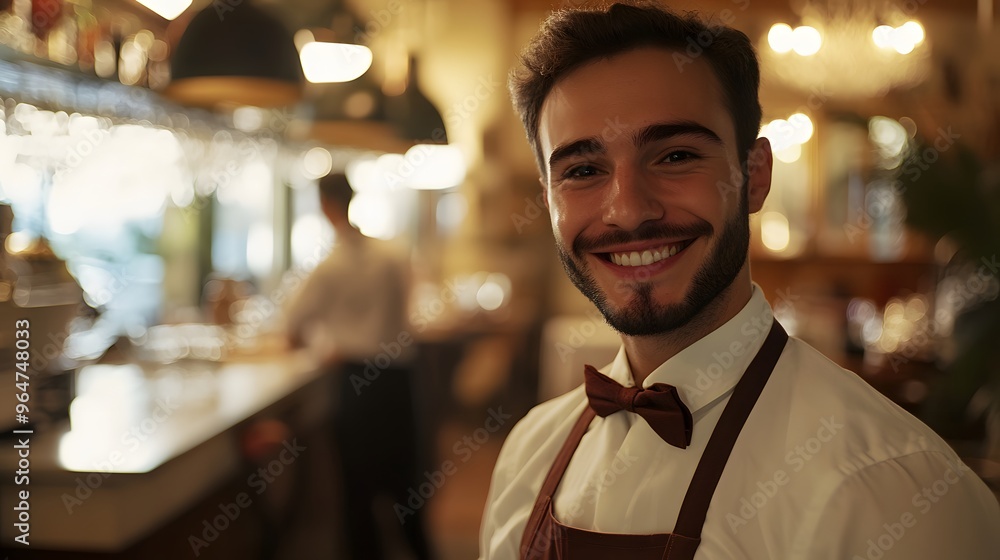 Waiter's Face with a Smile: Portrait of a waiter's face, smiling and welcoming, with a restaurant environment in the background.
Waiter's Face with a Smile: Portrait of a waiter's face, smiling and welcoming, with a restaurant environment in the background.