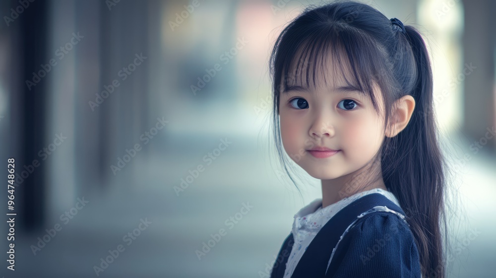 Little cute Asian schoolgirl wearing uniform looking into camera. Back to school concept Little cute Asian schoolgirl wearing uniform looking into camera. Back to school concept
