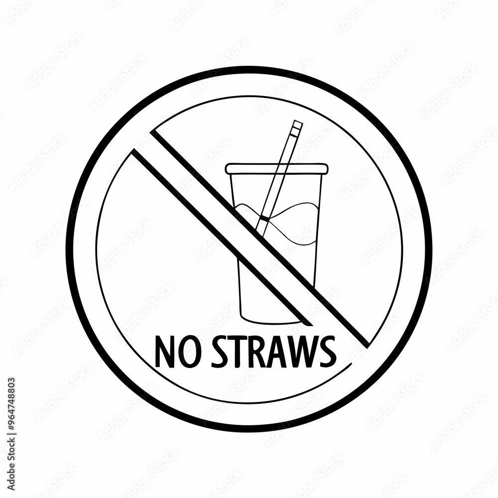 No straw symbol, black and white illustration, plastic reduction awareness No straw symbol, black and white illustration, plastic reduction awareness