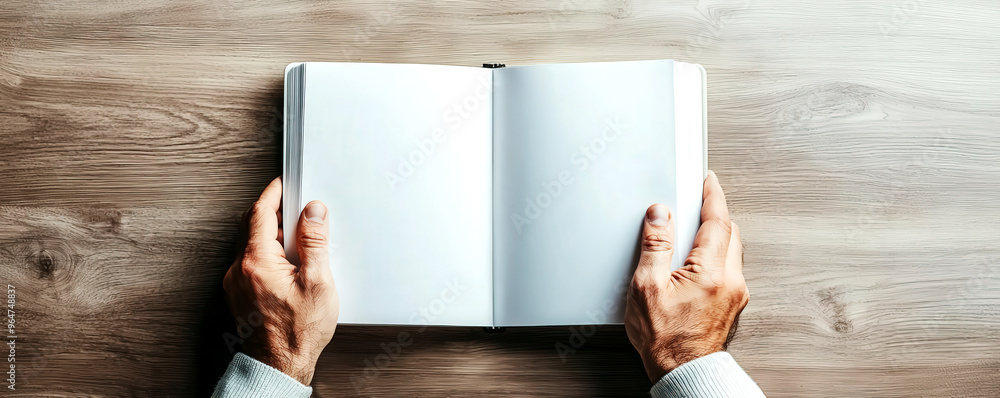 Person opening a book with blank pages, ready to write a new story Person opening a book with blank pages, ready to write a new story