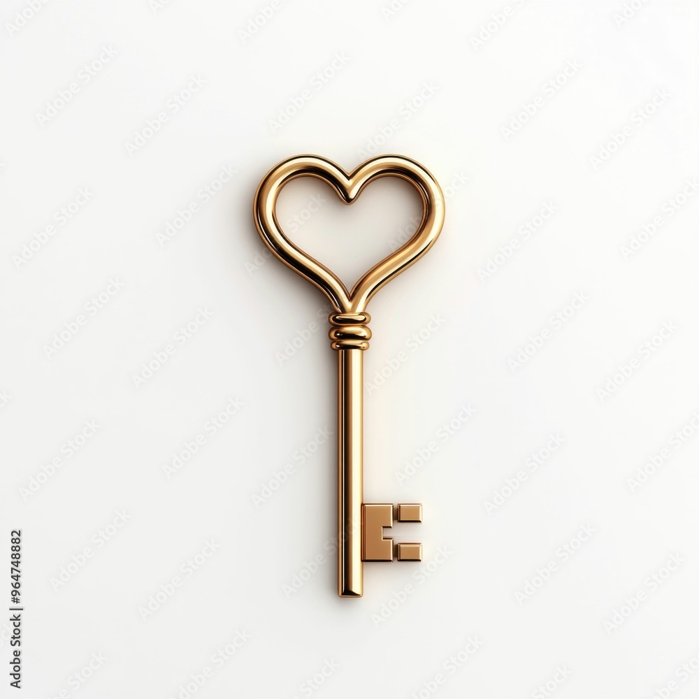 Golden Heart Shaped Key Isolated on White Golden Heart Shaped Key Isolated on White