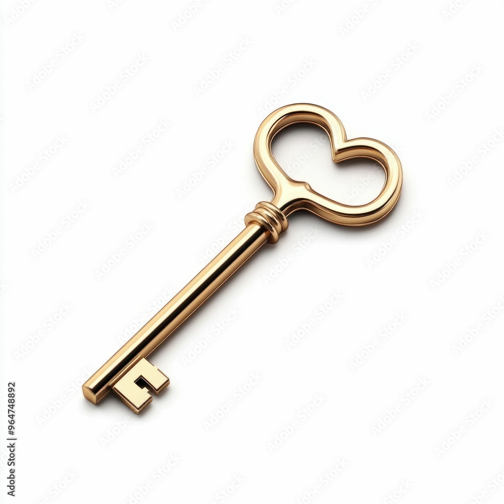 Golden Heart Shaped Key Isolated on White Golden Heart Shaped Key Isolated on White