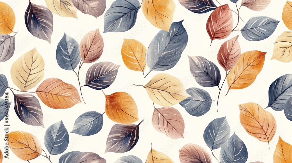 A repeating design featuring leaves, done in a watercolor style. The leaves are connected seamlessly, creating a continuous pattern.