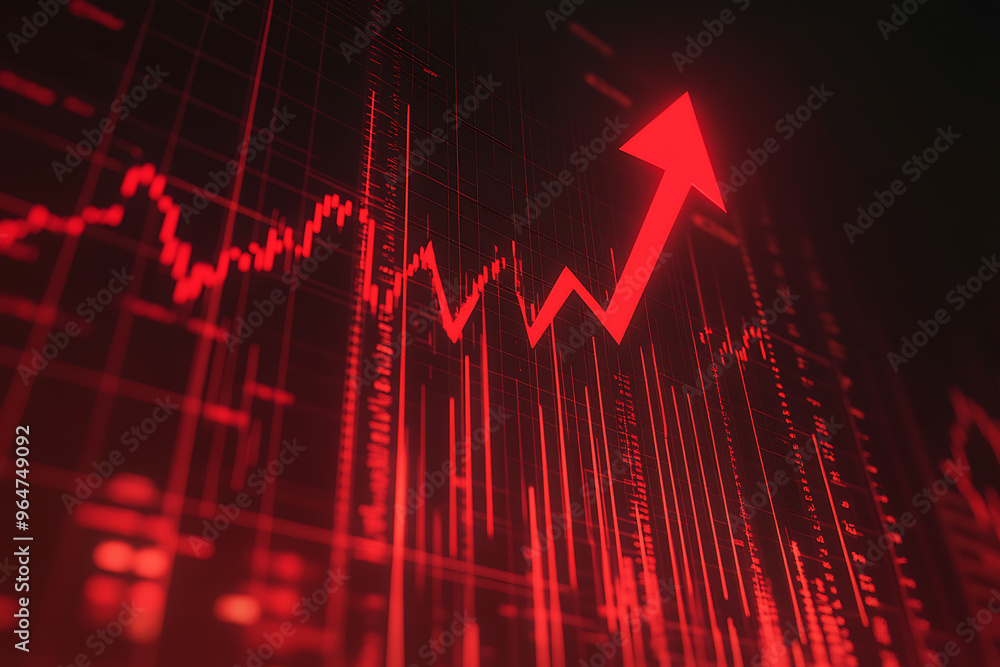An abstract digital background featuring a red arrow pointing upwards against a stock exchange backdrop, symbolizing financial growth, market trends, and upward movement in the economy. An abstract digital background featuring a red arrow pointing upwards against a stock exchange backdrop, symbolizing financial growth, market trends, and upward movement in the economy.