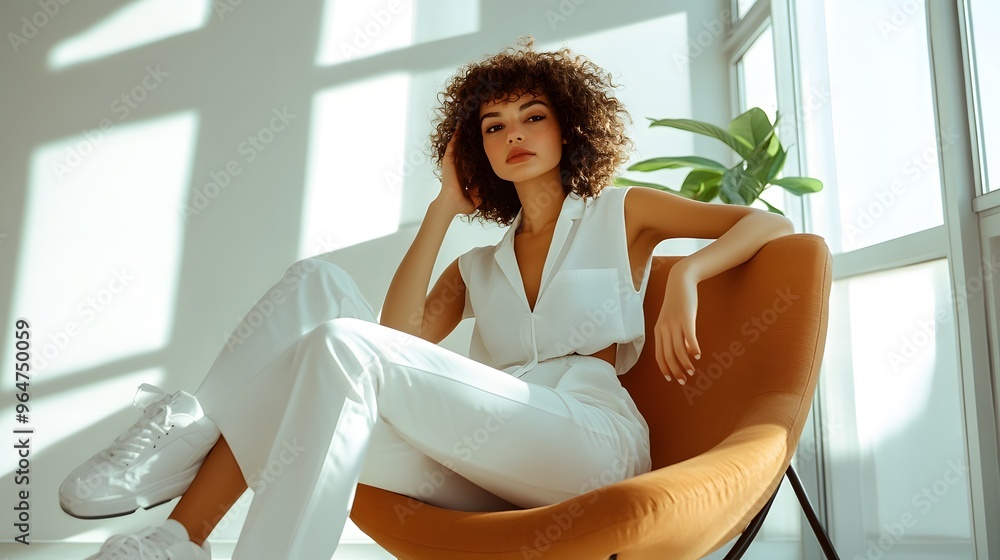 Woman in White Casual Outfit: A woman in a casual white outfit, sitting comfortably on a modern chair with a bright, airy background.
Woman in White Casual Outfit: A woman in a casual white outfit, sitting comfortably on a modern chair with a bright, airy background.