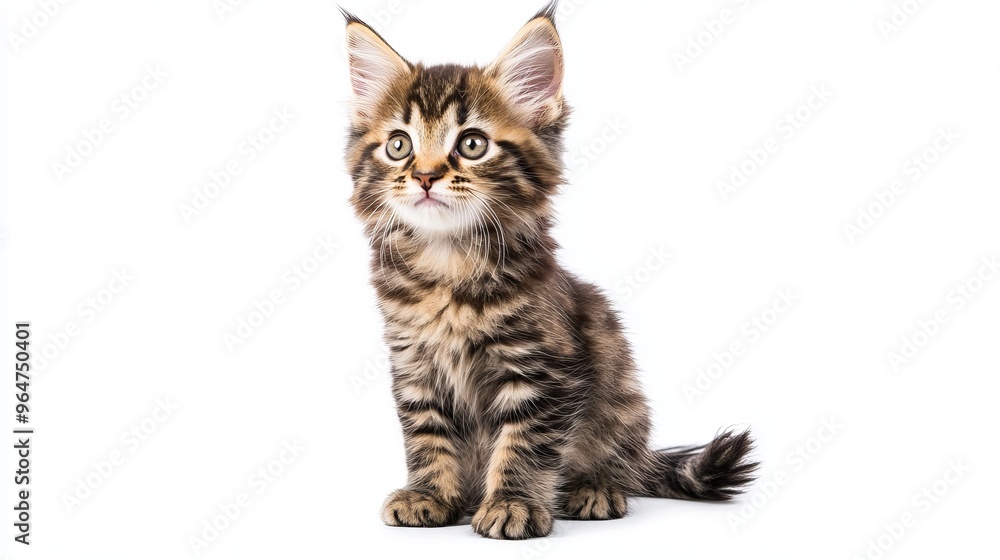 Fototapeta premium A sassy-looking brown tabby Maine Coon kitten sits up straight, glancing to the side against a clean white background.