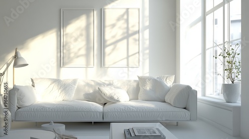 A simple living room with a sofa and decorations, all in a white room. This is a computer-generated image.