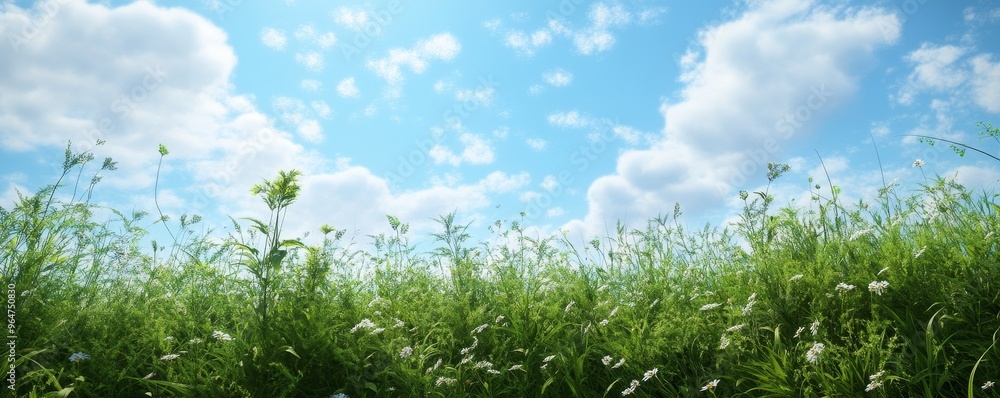 Obraz premium A Low Angle View of a Field of Lush Green Grass and Delicate White Flowers Against a Blue Sky with Fluffy White Clouds, nature, field, summer, grass, sky, clouds