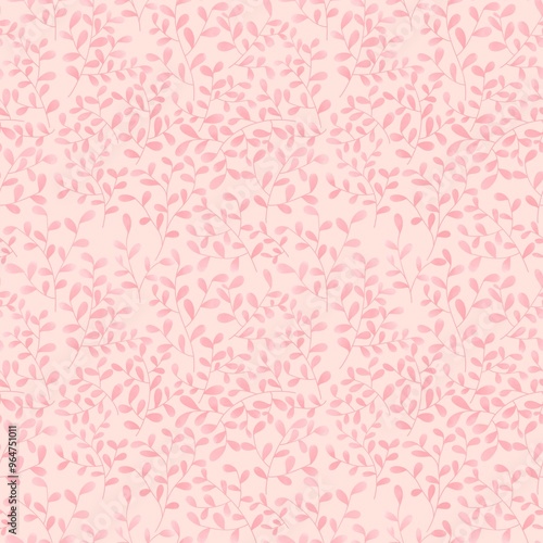 A seamless pattern of delicate pink leaves on a light pink background. The leaves are arranged in a random, flowing pattern, creating a soft and romantic feel.
