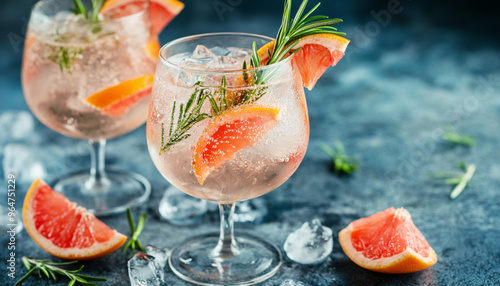  Alcoholic cocktail with grapefruit, soda, ice, gin and rosemary, dark table background, selective focus