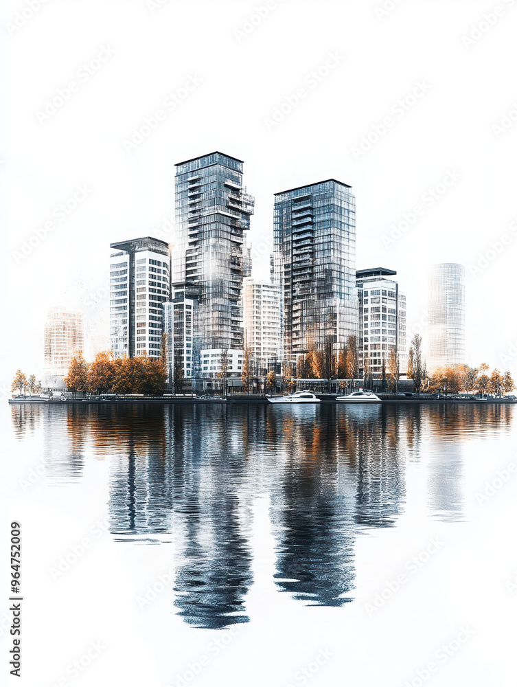 Naklejka premium city skyline buildings architecture urban waterfront modern reflection landscape business cityscape trees tranquil nature fog skyline reflection modern architecture