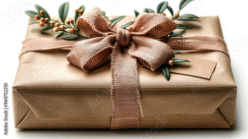 Gift wrapped in brown paper with decorative bow and greenery photo