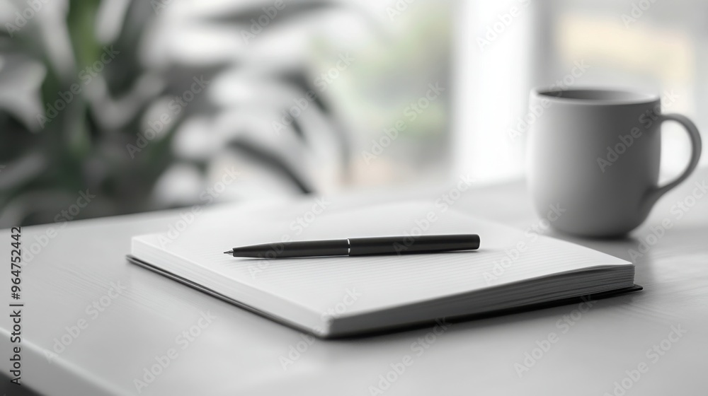 a sleek pen resting on an open notebook, placed neatly on a clean desk a sleek pen resting on an open notebook, placed neatly on a clean desk