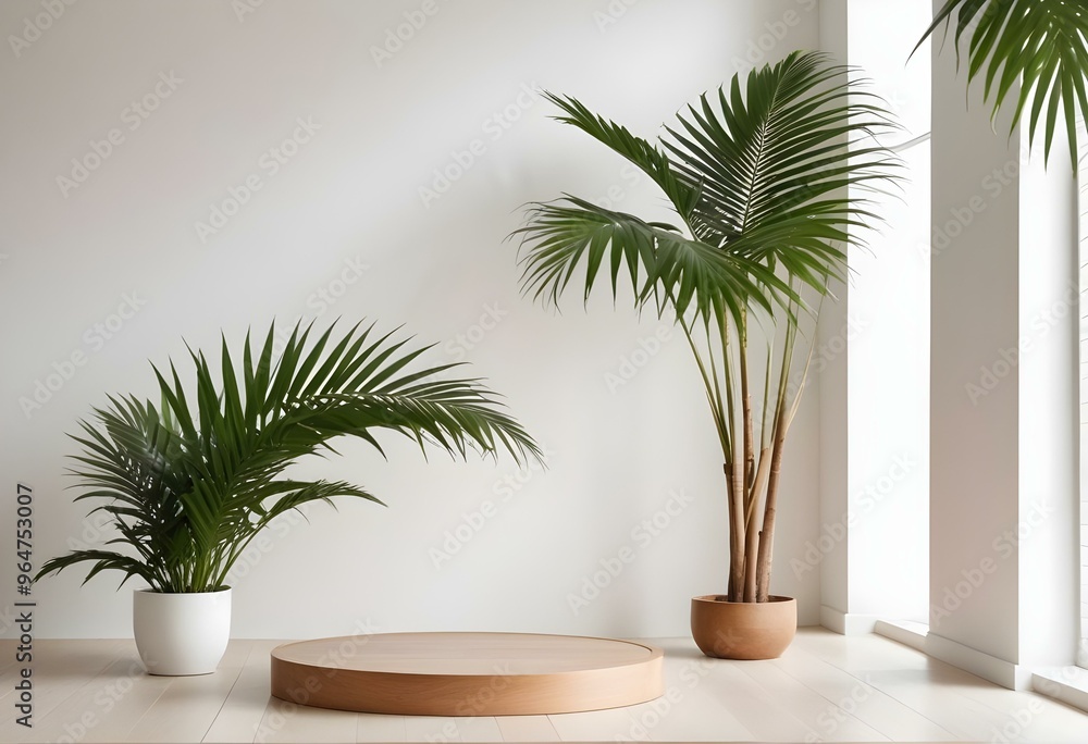 White podium with wooden top and palm leaves, minimal background White podium with wooden top and palm leaves, minimal background