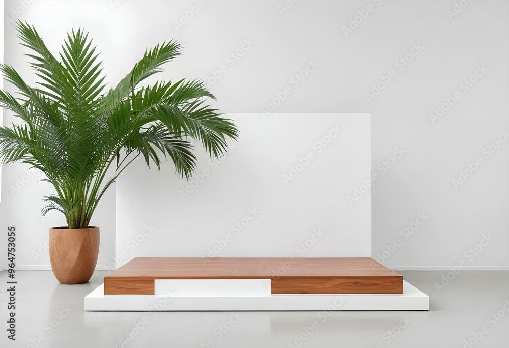 White podium with wooden top and palm leaves, minimal background White podium with wooden top and palm leaves, minimal background
