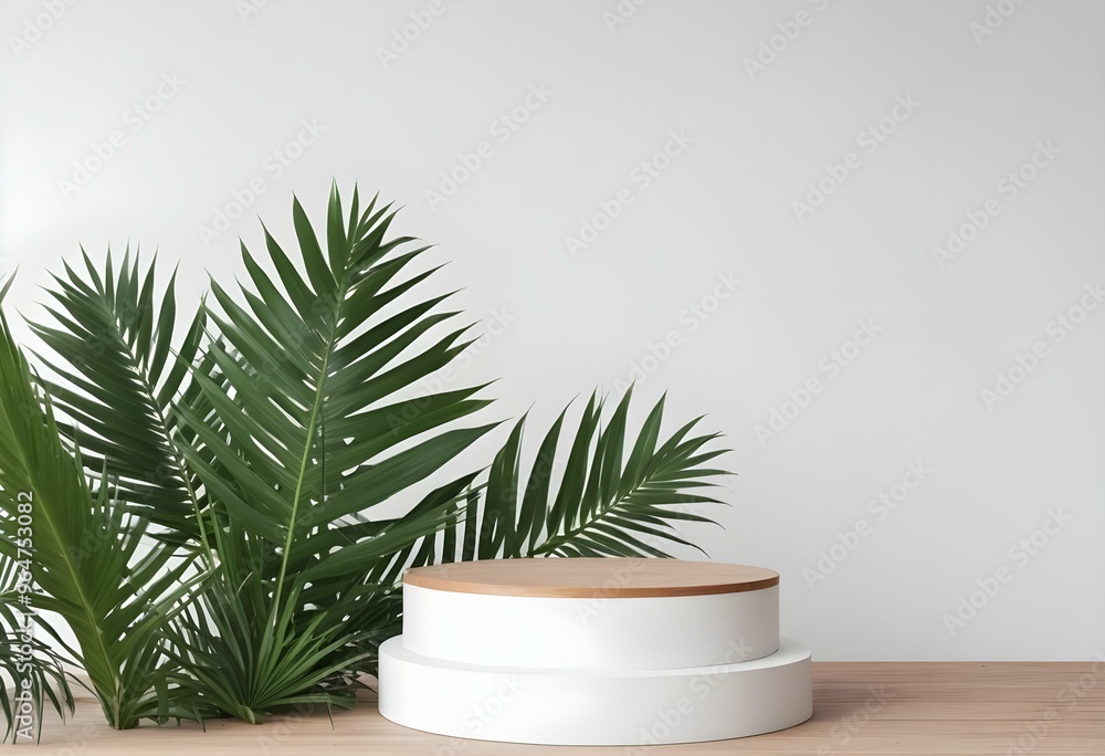 White podium with wooden top and palm leaves, minimal background White podium with wooden top and palm leaves, minimal background