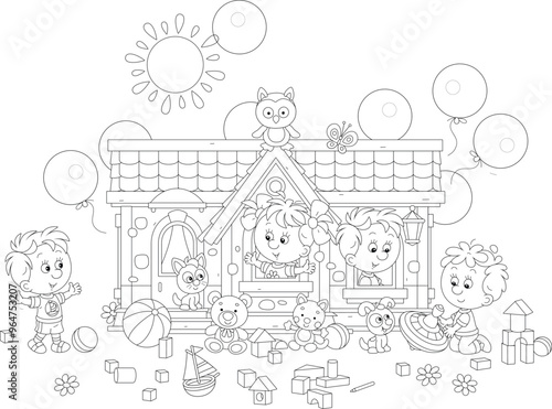 Happy little children with their funny kitten and puppy playing in a pretty toy house with holiday balloons on a sunny playground, black and white outline vector cartoon illustration