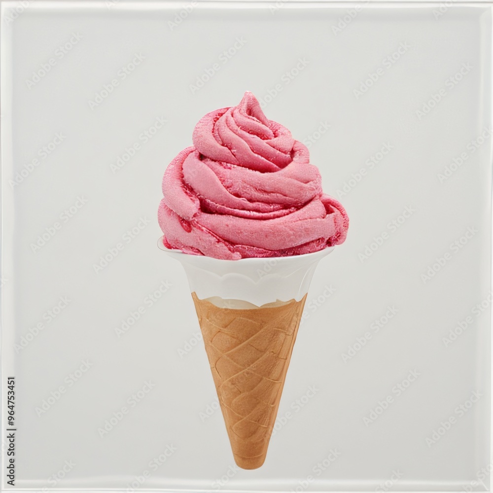 Pink soft serve ice cream in a cone on white background.. Pink soft serve ice cream in a cone on white background..