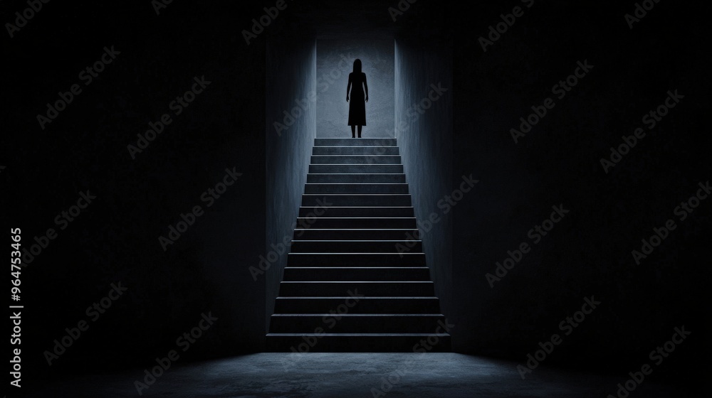 Mysterious Woman Silhouette on Dark Staircase Mysterious Woman Silhouette on Dark Staircase