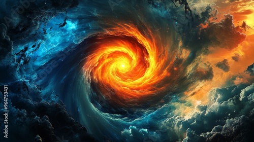 Cosmic Inferno A fiery vortex swirling within a sea of clouds, digital art, abstract, swirling, nebula , cosmic , fire photo