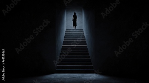 Mysterious Woman Silhouette on Dark Staircase