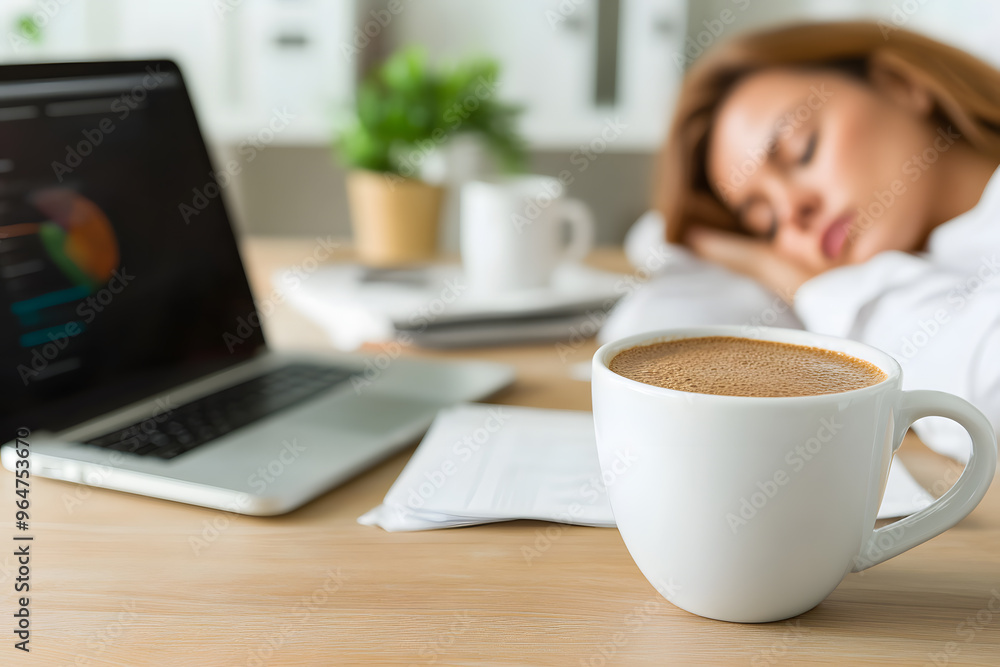 Cup Brimming with Coffee and Businesswoman Sleeping Behind | Overworked and Exhausted Professional Cup Brimming with Coffee and Businesswoman Sleeping Behind | Overworked and Exhausted Professional