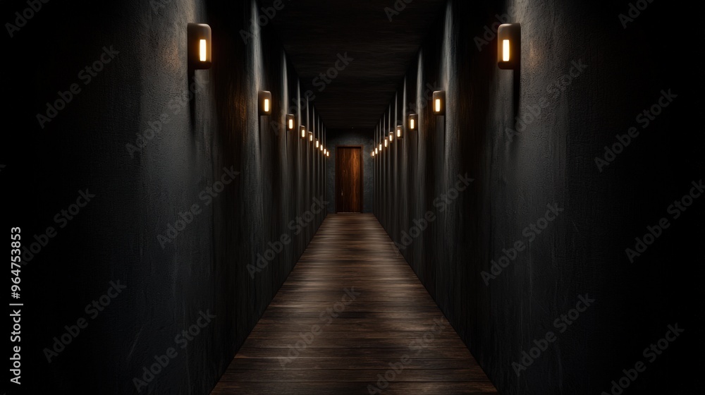 Dark Hallway with Wooden Floor and Light at the End Dark Hallway with Wooden Floor and Light at the End